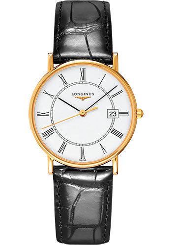 Longines Pr≈Ωsence Quartz Watch - 33.5 mm Yellow Gold Case - White Roman Dial - Black Strap - L4.743.6.11.0