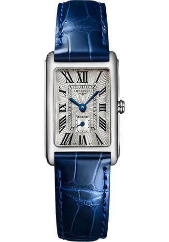 Longines DolceVita Small Seconds Quartz Watch - 20.80 X 32 mm Steel Case - Silver Flinqu≈Ω Roman Dial - Blue Strap - L5.255.4.71.7