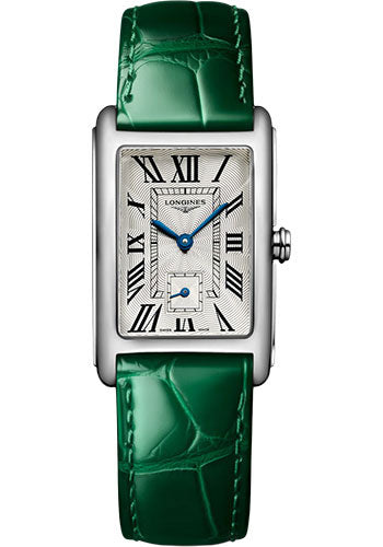 Longines DolceVita Small Seconds Quartz Watch - 23.30 X 37 mm Steel Case - Silver Flinqu≈Ω Roman Dial - Green Strap - L5.512.4.71.A