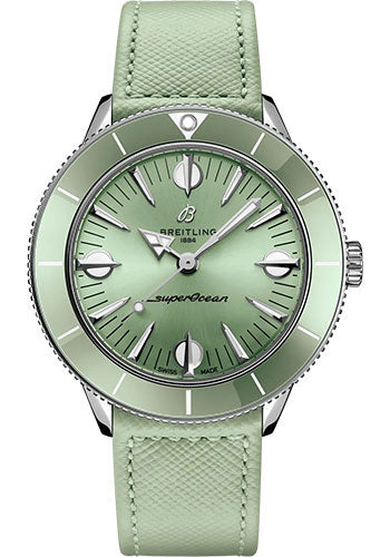 Breitling Superocean Heritage ‚Äô57 Pastel Paradise Watch - Stainless Steel - Mint Green Dial - Mint Green Calfskin Leather Strap - Folding Buckle - A10340361L1X1