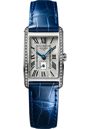 Longines DolceVita Small Seconds Quartz Watch - 20.80 X 32 mm Steel Diamond Case - Silver Flinqu≈Ω Roman Dial - Blue Strap - L5.255.0.71.7