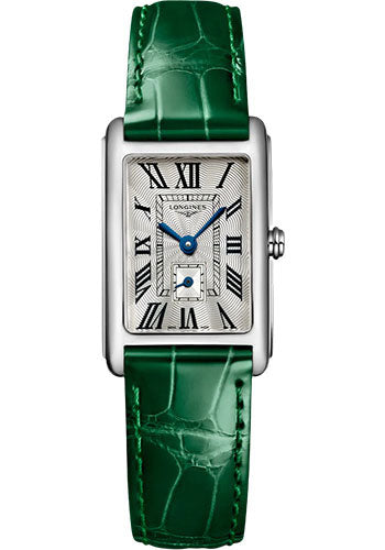 Longines DolceVita Small Seconds Quartz Watch - 20.80 X 32 mm Steel Case - Silver Flinqu≈Ω Roman Dial - Green Strap - L5.255.4.71.A