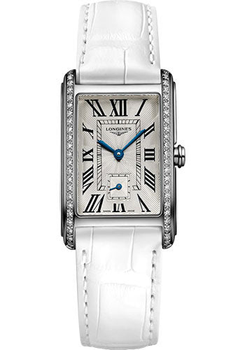 Longines DolceVita Small Seconds Quartz Watch - 23.30 X 37 mm Steel Diamond Case - Silver Flinqu≈Ω Roman Dial - White Strap - L5.512.0.71.2