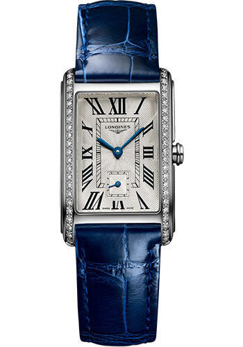 Longines DolceVita Small Seconds Quartz Watch - 23.30 X 37 mm Steel Diamond Case - Silver Flinqu≈Ω Roman Dial - Blue Strap - L5.512.0.71.7