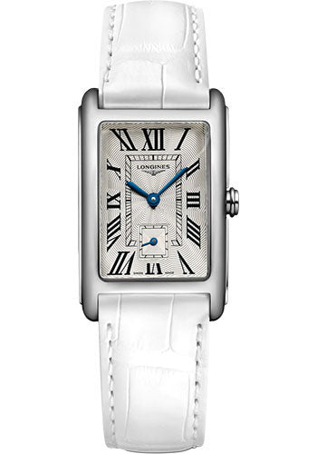 Longines DolceVita Small Seconds Quartz Watch - 23.30 X 37 mm Steel Case - Silver Flinqu≈Ω Roman Dial - White Strap - L5.512.4.71.2