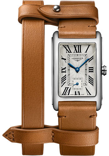 Longines DolceVita Small Seconds Quartz Watch - 23.30 X 37 mm Steel Case - Silver Flinqu≈Ω Roman Dial - Brown Strap - L5.512.4.71.B