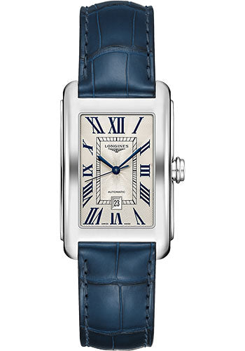 Longines DolceVita Automatic Watch - 27.70 X 43.8 mm Steel Case - Silver Flinqu≈Ω Roman Dial - Blue Alligator Strap - L5.757.4.71.9