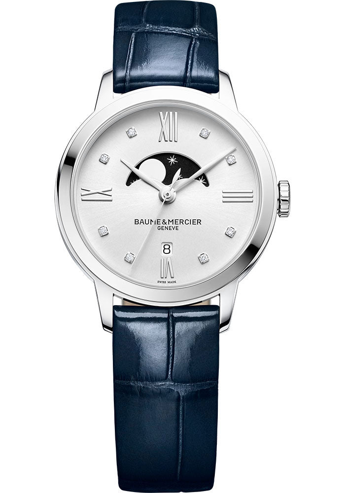 Baume & Mercier Classima Quartz Watch - Moon Phase - Diamond-Set - 31 mm Steel Case - Diamond Silver Dial - Glossy Blue Alligator Strap