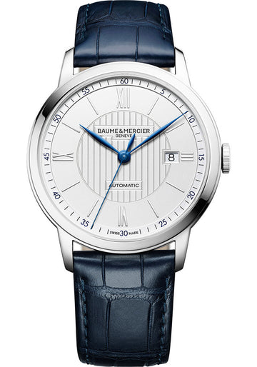 Baume & Mercier Classima Automatic Watch - Date Display - 42 mm Steel Case - Silver Dial - Blue Alligator Strap