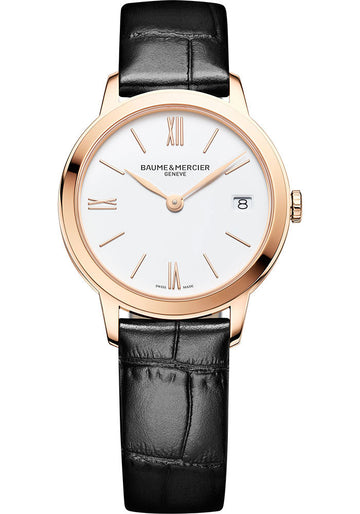 Baume & Mercier Classima Quartz Watch - Date Display - 31 mm Steel Pink Gold Plated Case - Dial - Black Calfskin Strap