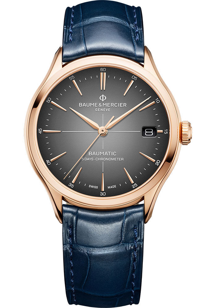 Baume & Mercier Clifton Automatic Watch - COSC Certified - Date - 39 mm 18K Pink Gold Case - Gray Dial - Blue Alligator Strap