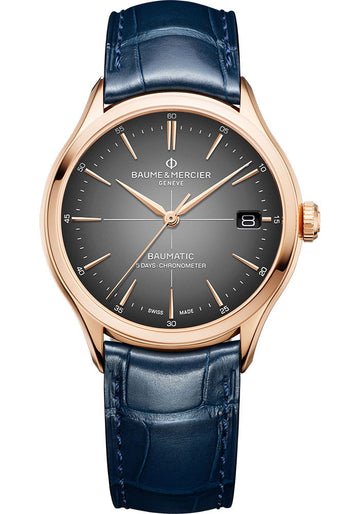 Baume & Mercier Clifton Automatic Watch - COSC Certified - Date - 39 mm 18K Pink Gold Case - Gray Dial - Blue Alligator Strap